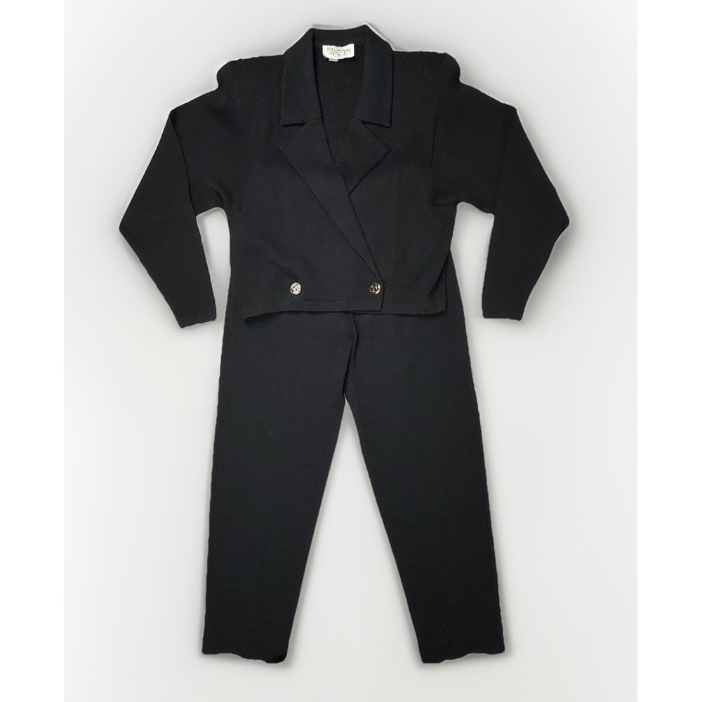 Vtg ST JOHN Santana Pant Suit Petite Black Wrap‎ Double Gold Logo Military Knit